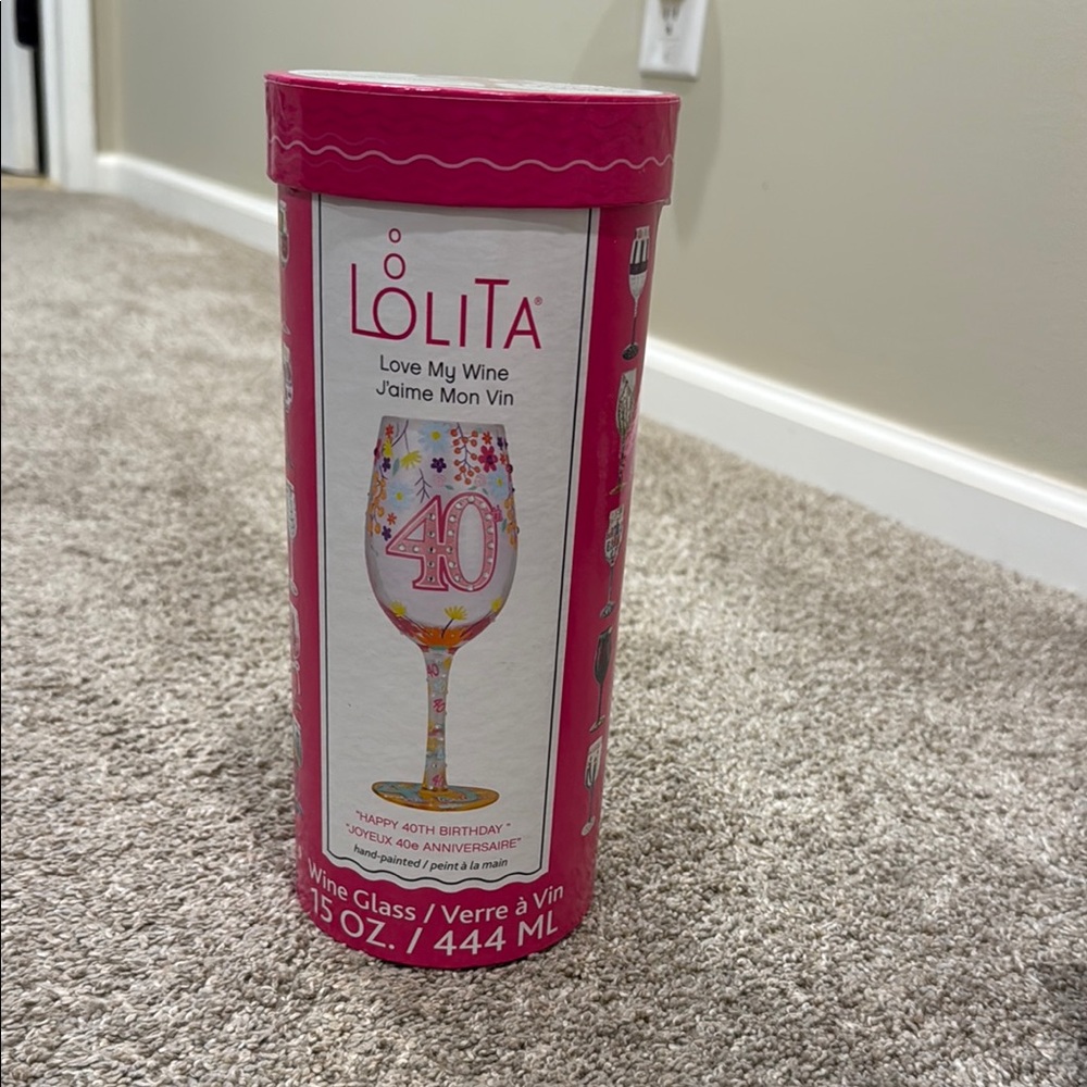 Lolita 40th Birthday Wine Glass with Pink and Multicolor Accents
